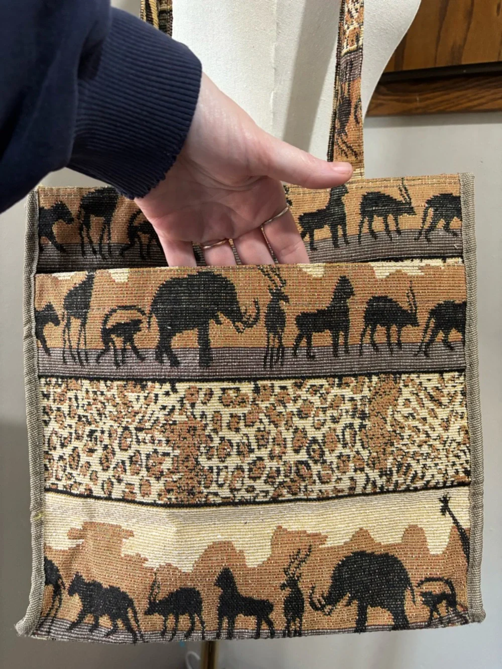 Jade Safari Shoulder Tote in Tan & Brown African Print Elephants Leopard Zebra